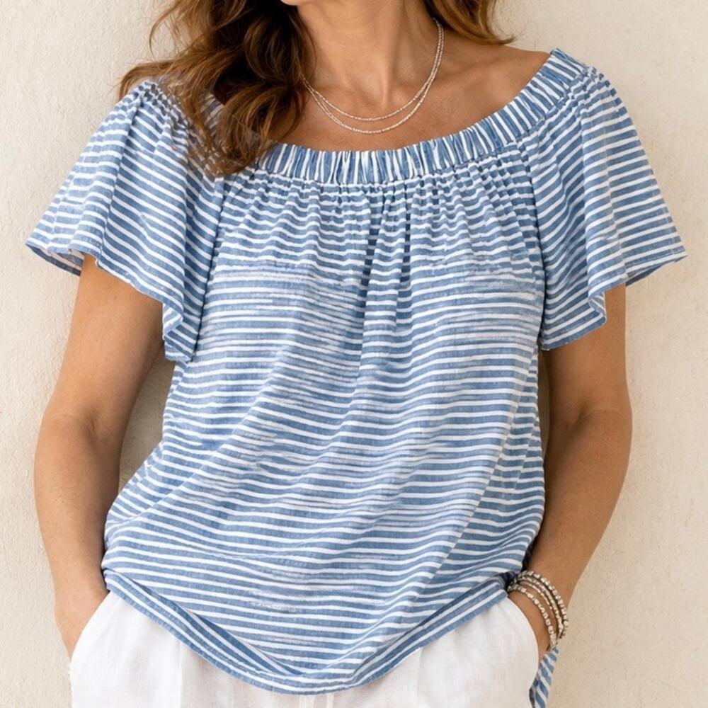 NÜMPH | Blue White Stripe Off Shoulder Flutter Sleeve Blouse | Size 38, Medium